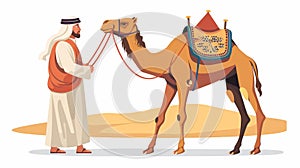 Arab man and camel. Moroccan bedouin holding desert animal with saddle and bridle. Nomad woman in turban. Flat modern