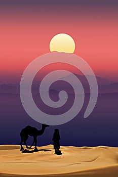 Arab man with camel walking in desert sands with sunset in evening,Vertical Scenery of sun over moutains during twilight in