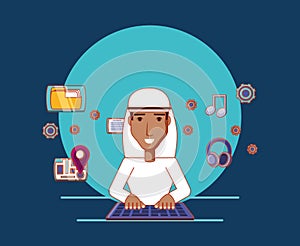 Arab man cartoon typing keyboard social media icons