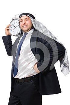 Arab man with clock isolated on white