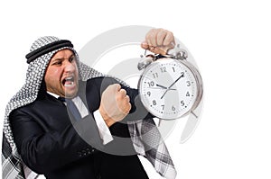 Arab man with clock isolated on white