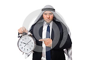 The arab man with clock isolated on white