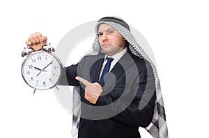The arab man with clock isolated on white