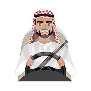 Arab man driving a car. Arab man clothing in traditional costume