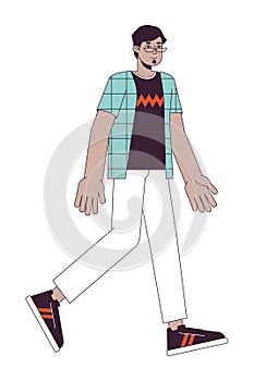 Arab man in eyeglasses walking flat line color vector character