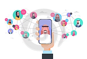 Arab Man Hand Holding Smart Phone Network Communication Concept Group Of Arabic People Connection