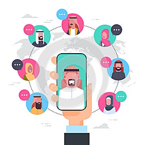 Arab Man Hand Holding Smart Phone Network Communication Concept Group Of Arabic People Connection Over World Map