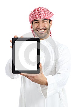 Arab man holding a blank tablet screen advice