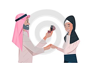 Arab man holding engagement ring proposing arabic woman marry him couple in love wedding marriage offer happy valentines