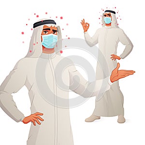 Arab man in mask presenting and showing OK hand sign. Full size vector illustration under clipping mask.