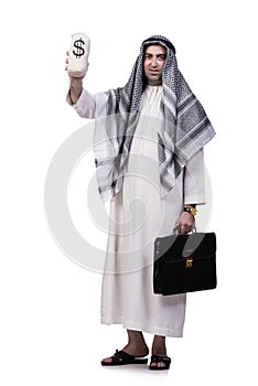 The arab man with money sacks isolated on white