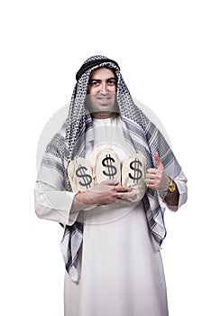 The arab man with money sacks isolated on white