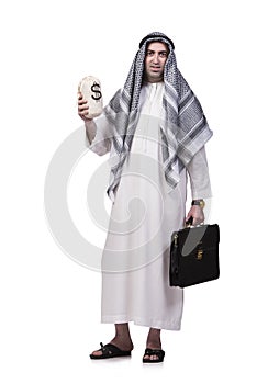 The arab man with money sacks isolated on white