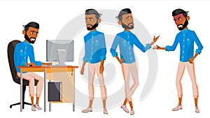 Arab Man Office Worker Vector. Set. Arab, Muslim. Islamic. Face Emotions, Various Gestures. Animated Elements. Office