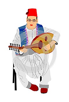 Arab man play oud, lute or mandola vector illustration, traditional music instrument from Asia. Islamic culture. Musician.