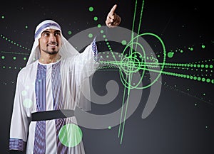 The arab man pressing virtual buttons in futuristic concept