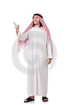 Arab man pressing virtual buttons isolated