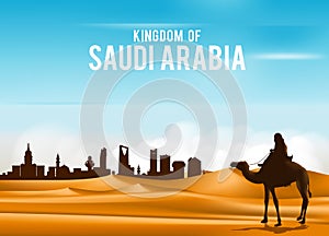 Arab Man Riding in Camel in Wide Desert Sands