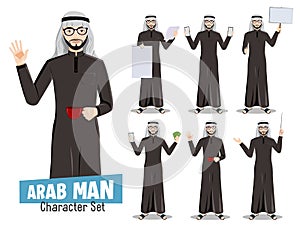 Arab man saudi vector character set. Arabian professional male businessman characters holding coffee, money and white board.