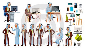Arab Man Set Office Worker Vector. Set. Arabic, Muslim. Old. Emirates, Qatar, Uae. Face Emotions, Various Gestures