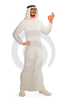 Arab man showing OK hand sign. Isolated vector illustration.