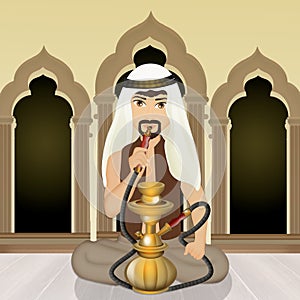 Arab man smokes hookah