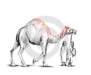 Arab man standing with a camel, Hand Drawn Sketch Vector illustration.