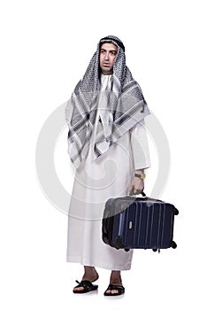 The arab man with suitcase in travel concept isolated on white