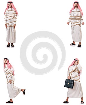 The arab man tied up with rope
