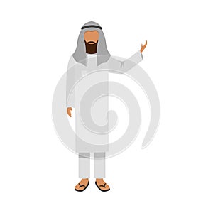 Arab man in traditional ethnic white wear with kefia. Vector illustration in flat cartoon style