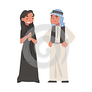 Arab Man and Woman Standing in Traditional Muslim Dress and Long Flowing Garment Vector Illustration