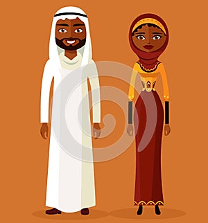 Arab man and woman in traditional clothes. Vector illustration.