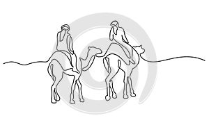 Arab men riding camels in desert. Continuous one line art.