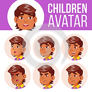 Arab, Muslim Avatar Set Kid Vector. Primary School. Face Emotions. User, Character. Kids, Positive. Comic, Web. Cartoon