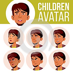 Arab, Muslim Boy Avatar Set Kid Vector. High School. Face Emotions. Flat, Portrait. Cute, Comic, Web. Cartoon Head