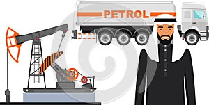 Arab Muslim Businessman in Traditional National Clothes, Gasoline Truck and Oil Pump in Flat Style. Vector Illustration.