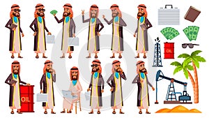 Arab, Muslim Old Man Poses Set Vector. Elderly People. Oil Production, Sheikh, Businessman. Senior Person. Aged. Smile