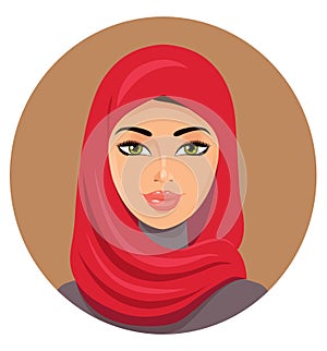 Arab muslim woman in red hijab. Vector Illustration