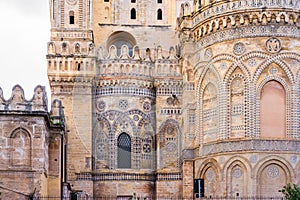 Arab and norman decorative patterns and details of the facade of the Palermo Cathedral, Sicily