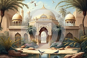 Arab Palace Garden View, Grand Hamam, Hotel, Luxurious Oriental Interiors, Abstract Generative AI Illustration