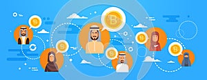 Arab People Buying Bitcoins Over World Map Modern Digital Money Network Crypto Currency Concept