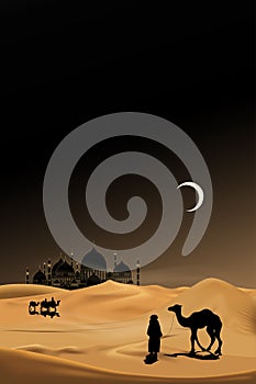 Arab people with camels caravan riding in realistic desert sands,Caravan Muslim ride camel to mosque,Ramadan Kareem concept,