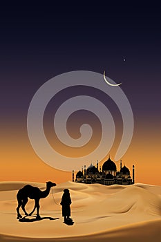 Arab people with camels caravan riding in realistic desert sands. Caravan Muslim ride camel to mosque. Ramadan Kareem concept.