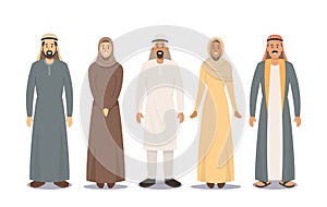 Arab People Male and Female Characters. Saudi Men Wear Thawb or Kandura, Women in Hijab or Abaya Traditional Clothes