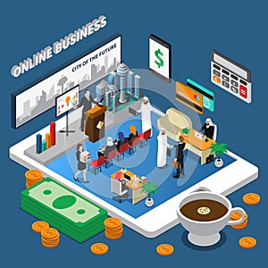 Arab People Online Business Isometric Illustration