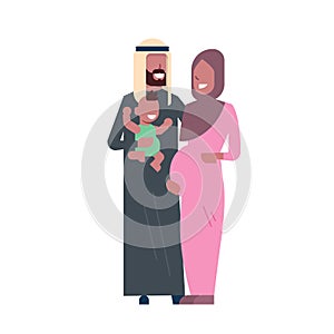 Arab pregnant mother father hold baby son full length avatar on white background, successful family concept, flat