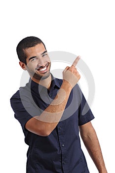 Arab promoter man presenting while pointing at side photo