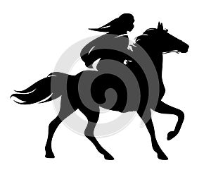 Arab rider and running horse black and white vector silhouette