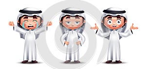 Arab saudi boy characters vector set design. Saudi little cute kids collection wearing thobe and ghutra clothing.