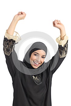 Arab saudi emirates woman euphoric raising arms